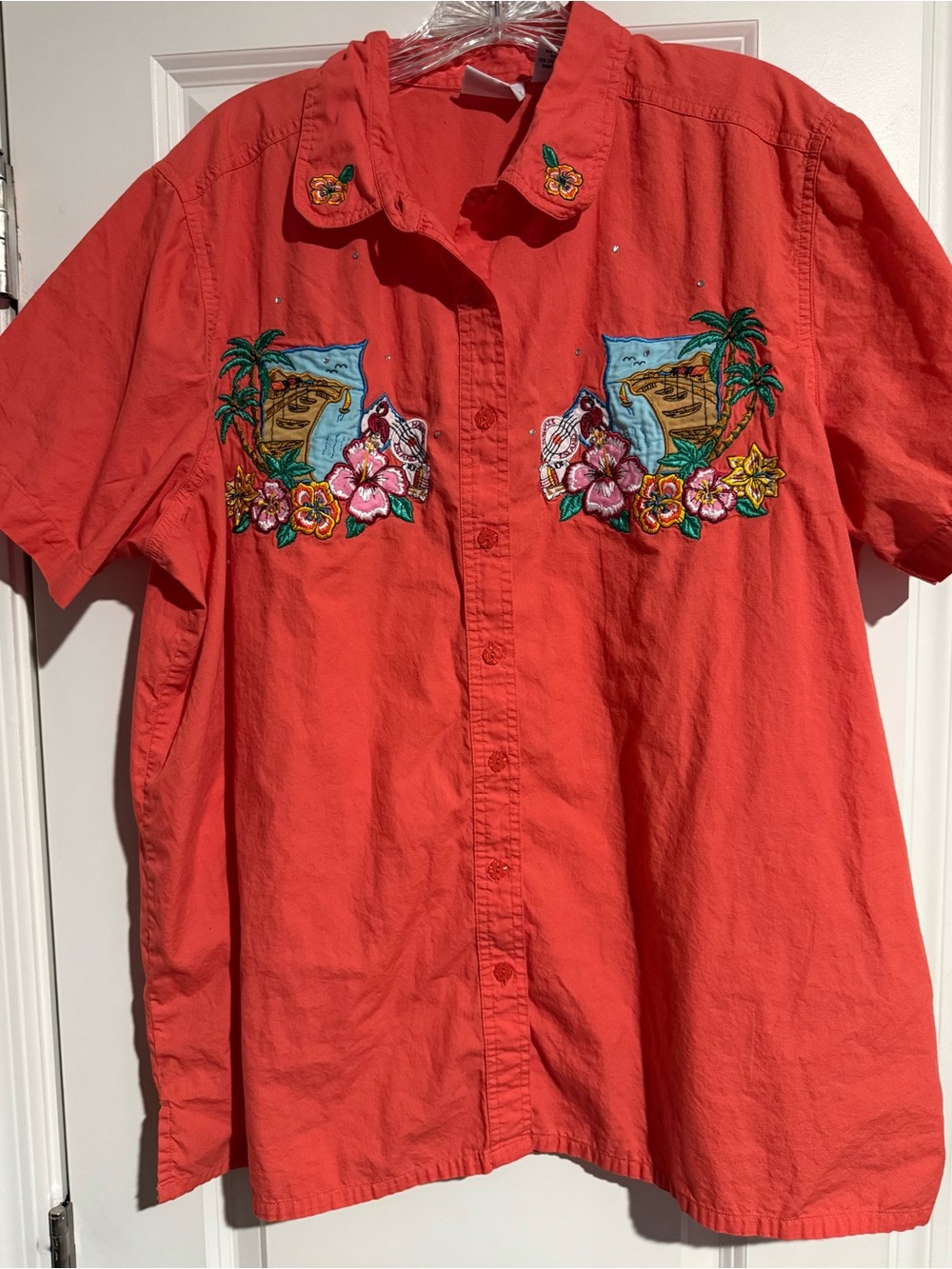 Bobbie Brooks Coral Button-Down Shirt with Tropical Embroidery